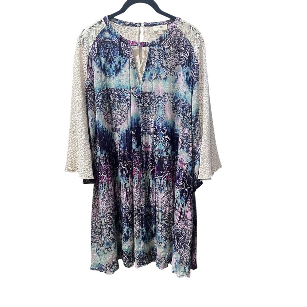 Umgee Blue  Purple Paisly Patterned Mini Dress Lace Bell Sleeves Boho Hippie S‎
